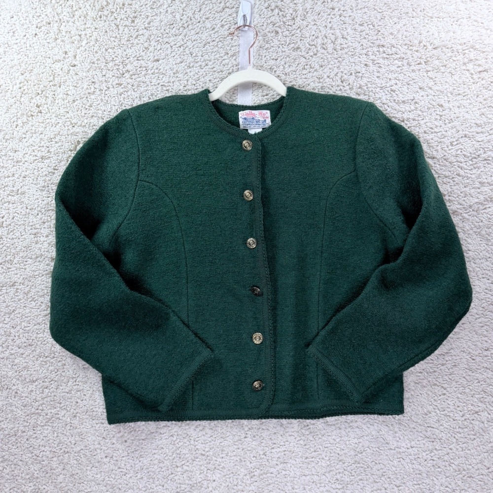 Tally-Ho Cardigan Women Medium Green Vintage 100% Wool Button Front Crest Button